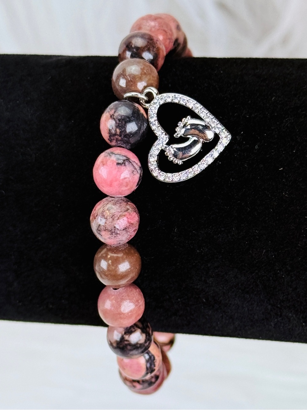Pink and Brown Natural Stone Beaded Stretch Bracelet with Feet in Heart Charm